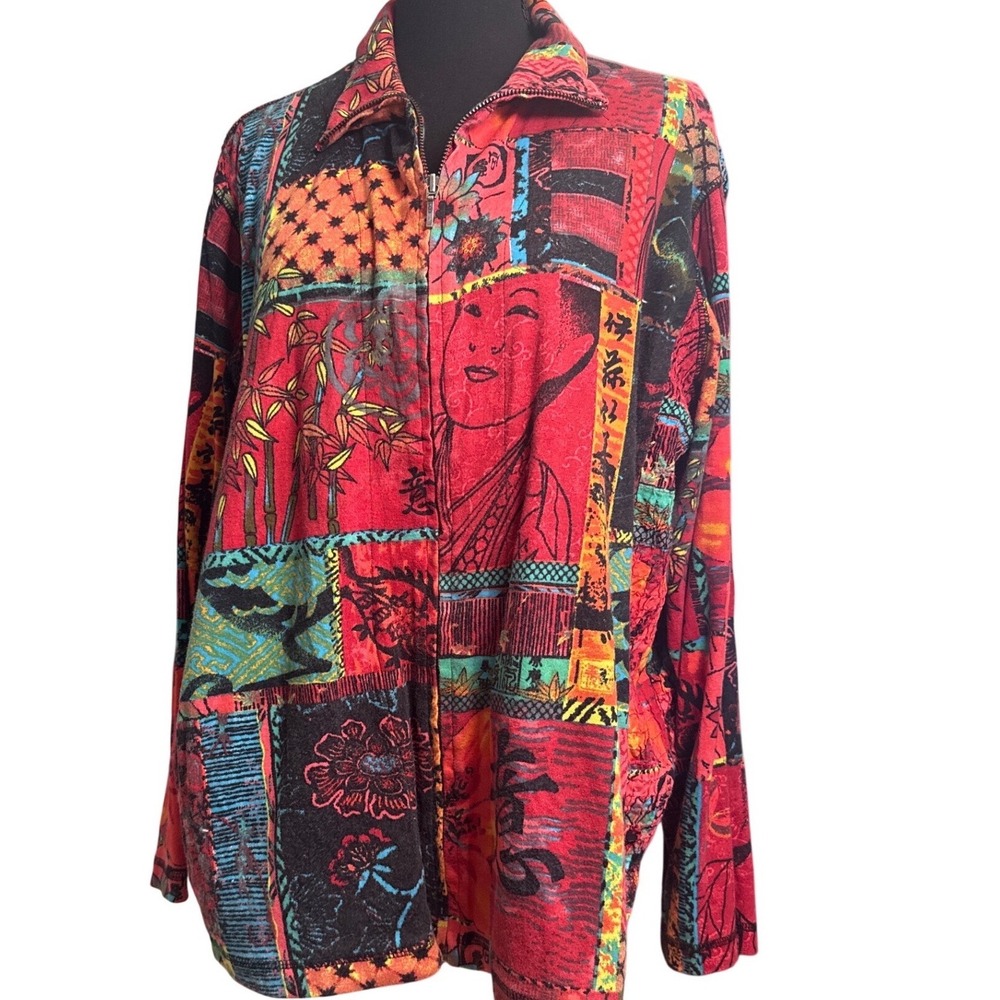 Spa by Chicos Size 3 Cotton Smocked Patchwork Print Short Sleeve Top Multicolor